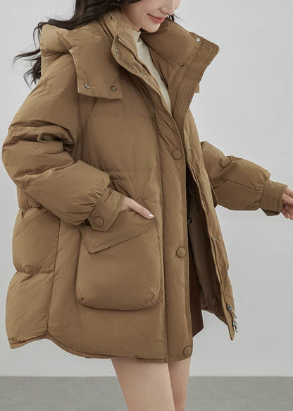 Khaki Hooded Zip Up Pockets Duck Down Coats Winter