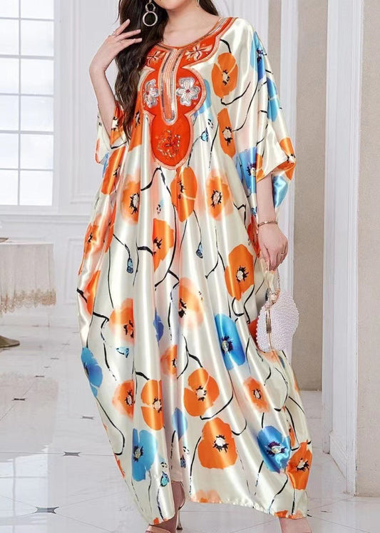 Apricot Oversized Print Silk Holiday Dress Summer