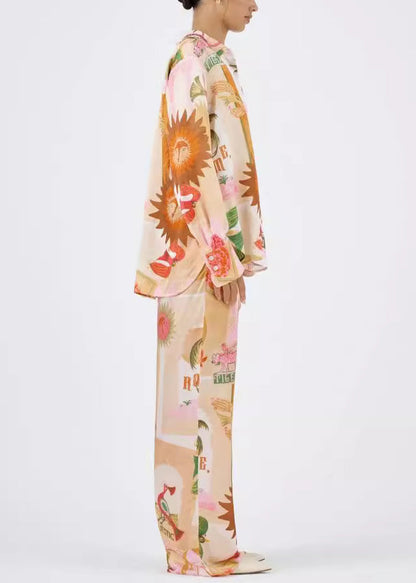 Loose Peter Pan Collar Print Shirts and Pants Cotton Two Pieces Set Spring