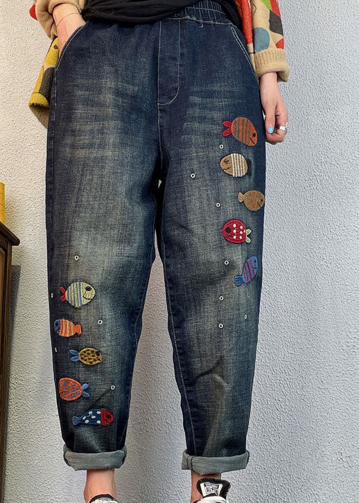 Loose Blue Embroidered Denim Spring Harem Pants