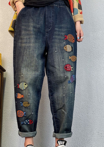 Loose Blue Embroidered Denim Spring Harem Pants