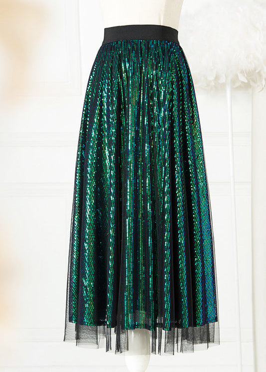 Stylish Green Elastic Waist Sequins Tulle a Line Skirt Spring