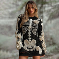 Women's Halloween Skeleton Bones With White Rose Art Hot Sexy Style Cozy Knit Mini Sweater Dress elevenforest