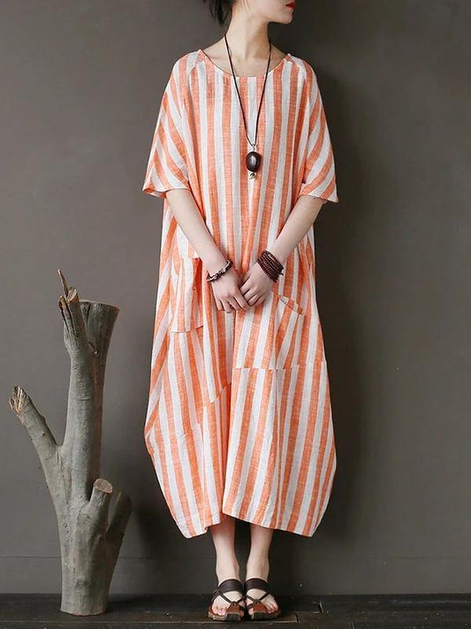 100% O Neck Patchwork Cotton Dress Tutorials Orange Striped Kaftan Dresses