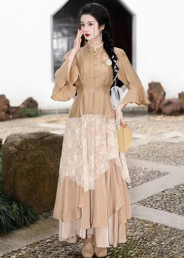 Khaki Ruffled Lace Patchwork Tops and Skirts Chiffon Two Pieces Set Summer