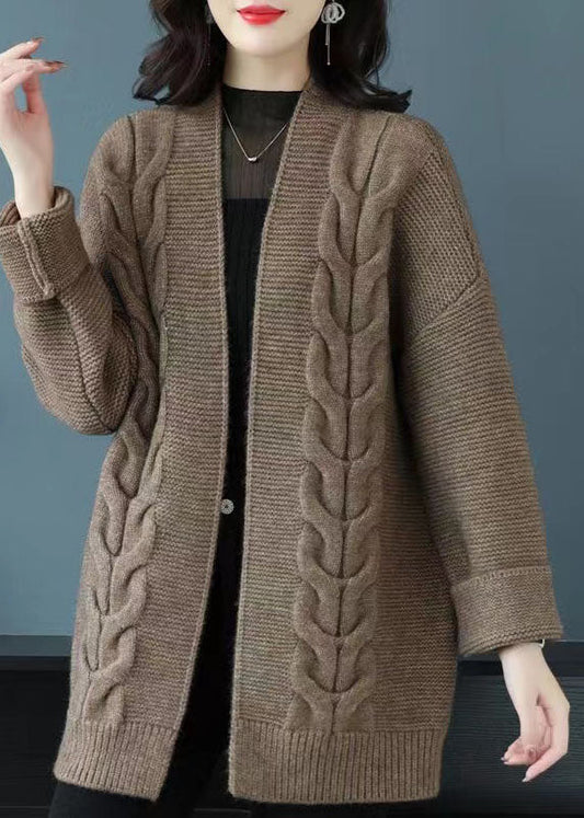Camel Patchwork Thick Wool Cardigans V Neck Fall