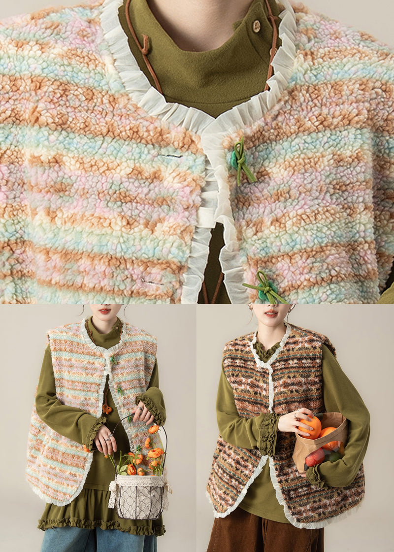 Coffee Patchwork Button Faux Fur Waistcoat Sleeveless