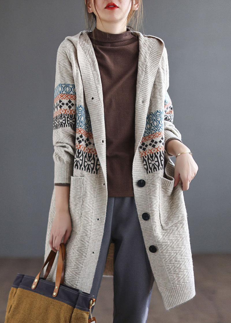 Beige Button Knitted Hooded Coats Cardigans