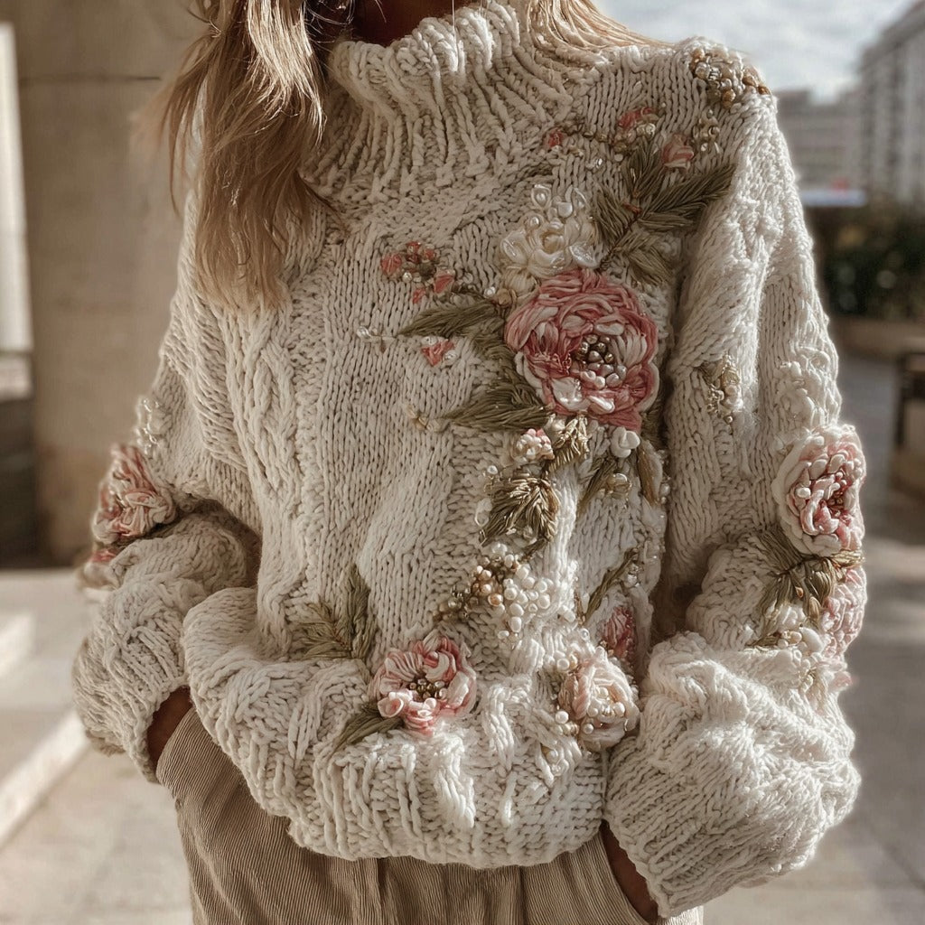 Women's Vintage Pink Rose Pattern Warm Knitted Turtleneck Sweater elevenforest