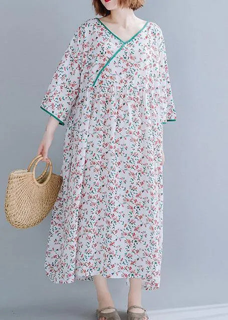 Organic White Print Cotton Dress V Neck Extra Large Hem a Line Summer Dress