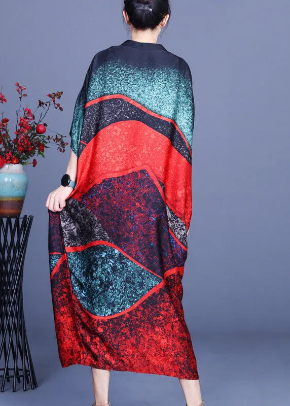 Color Block Bat Wing Sleeve Print Silk Dress