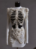 Vintage Roses Skeleton Pearls Beaded Contrast Knit Sweater Dress artswardrobe