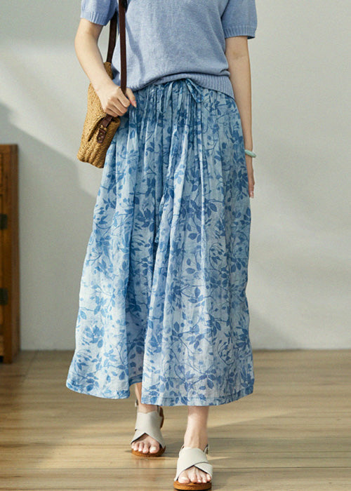 Blue Print Lace Up Elastic Waist Cotton Skirt Spring