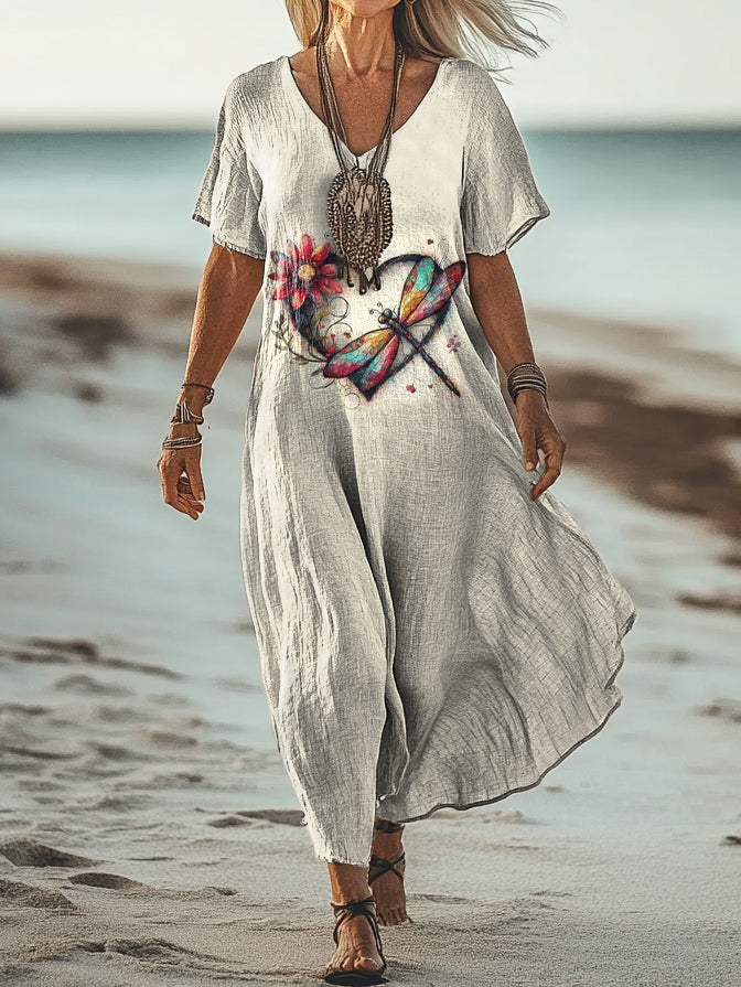 Women's Vintage Dragonfly Art Print Pocket Cotton Dress