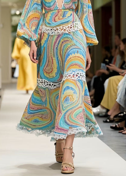 Print Patchwork Lace Long Dress Spring