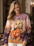 Thanksgiving Pumpkin & Cat Ombre Women's Knit Sweater