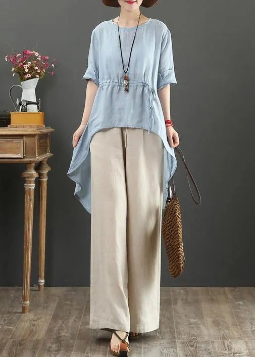 Diy Light Blue Linen Clothes O Neck Asymmetric Box Shirts