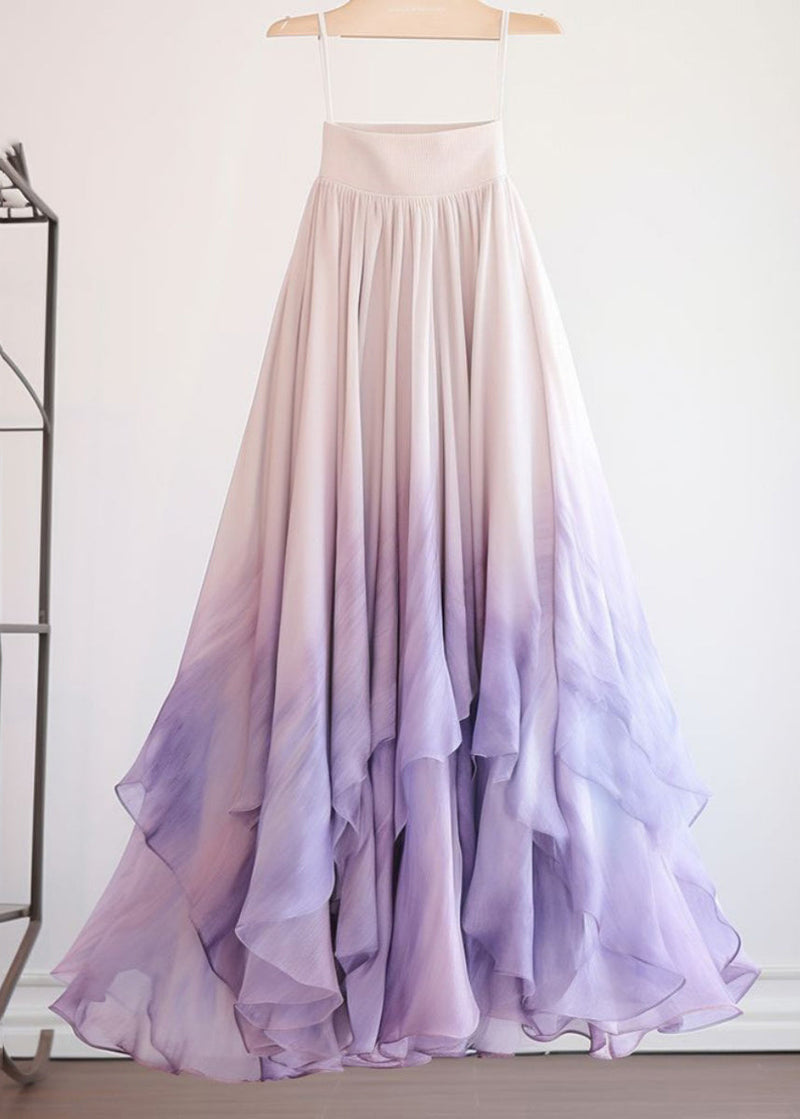 Purple Gradient Color High Waist Chiffon Skirts Summer