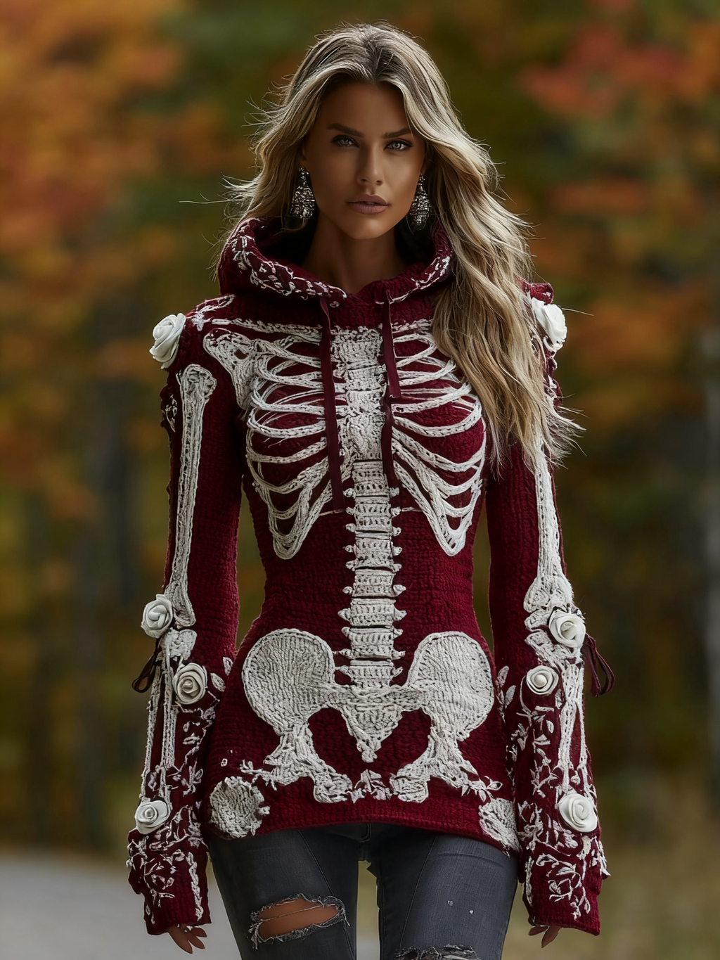 Women's Halloween Skeleton Bones With Roses Art Knitted Warm Hooded Sweater artswardrobe