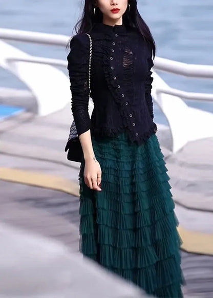 French O-neck Button Top and Tulle Pleated Skirt Two Piece Set Spring