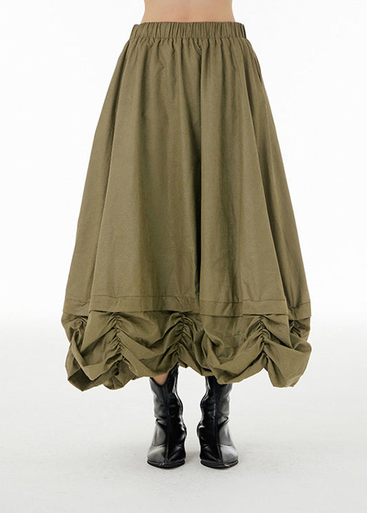 French Army Green Elastic Waist Patchwork Wrinkled Cotton a Line Skirt Summer