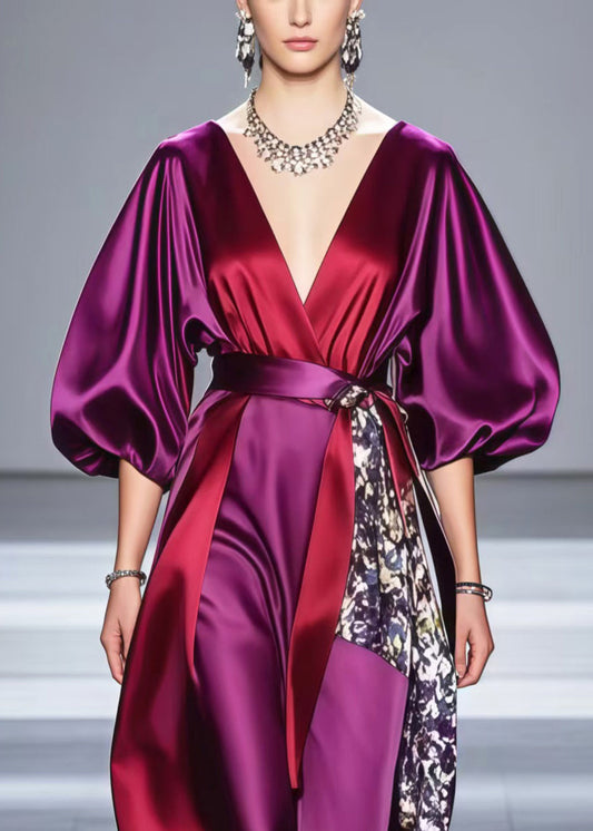 Purple Asymmetrical Patchwork Silk Dresses Lantern Sleeve