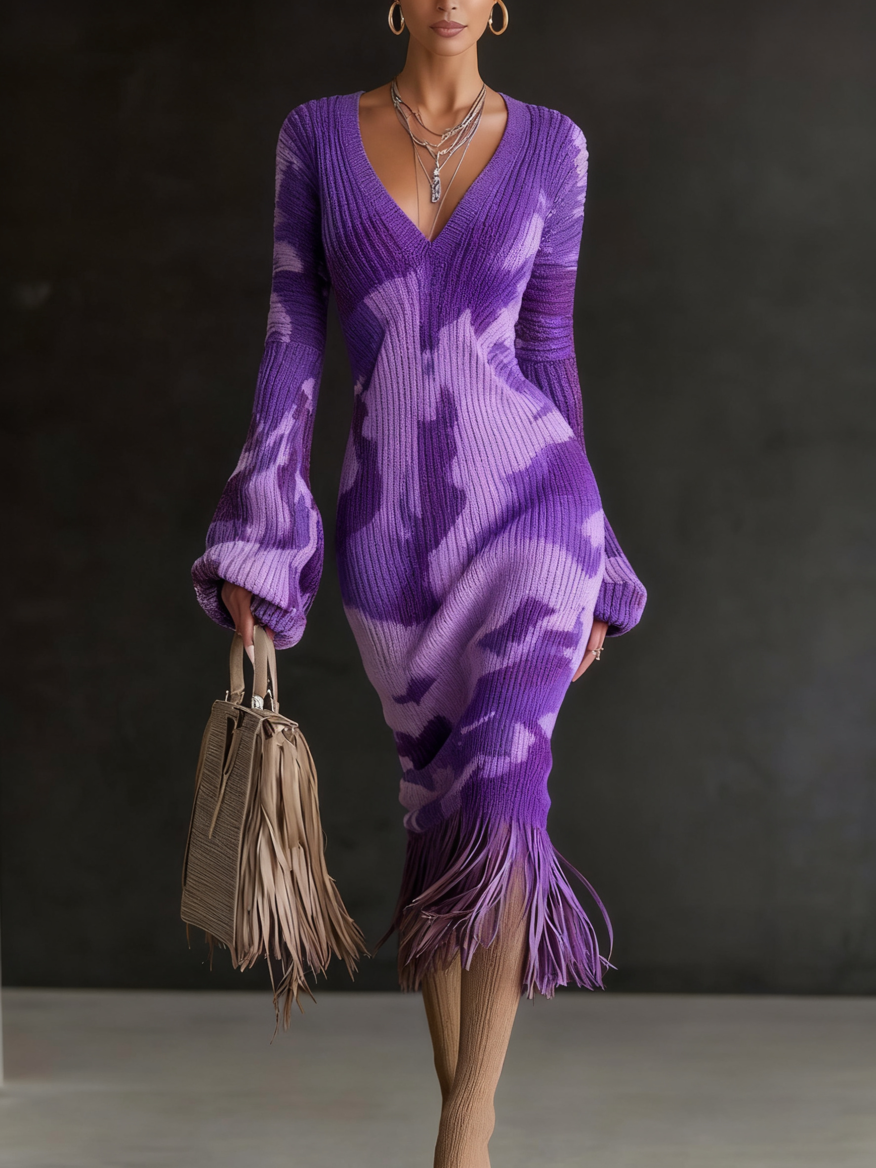 Printed Textured Knitted Tassel Hem Long Sleeve Midi Dress