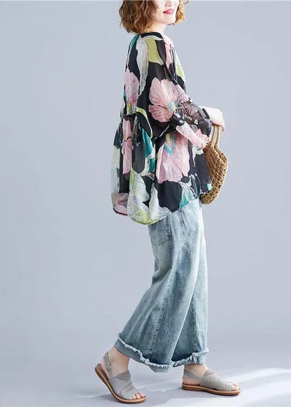 Organic Print Tops O Neck Petal Sleeve Tunic Blouse