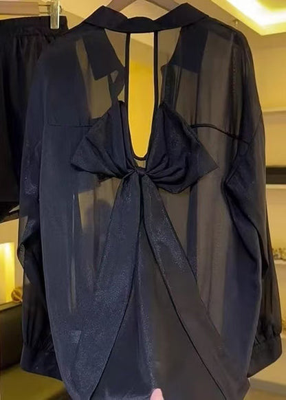 Black Bow Backless Chiffon Sheer Blouses Summer
