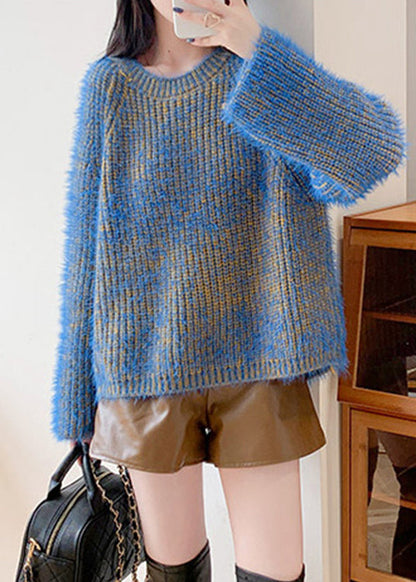 Blue O-neck Cozy Low High Design Knit Sweaters Fall