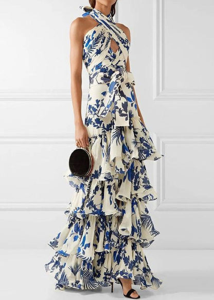 Formal Vacation Wedding Style Ruffled Print Dress Sleeveless