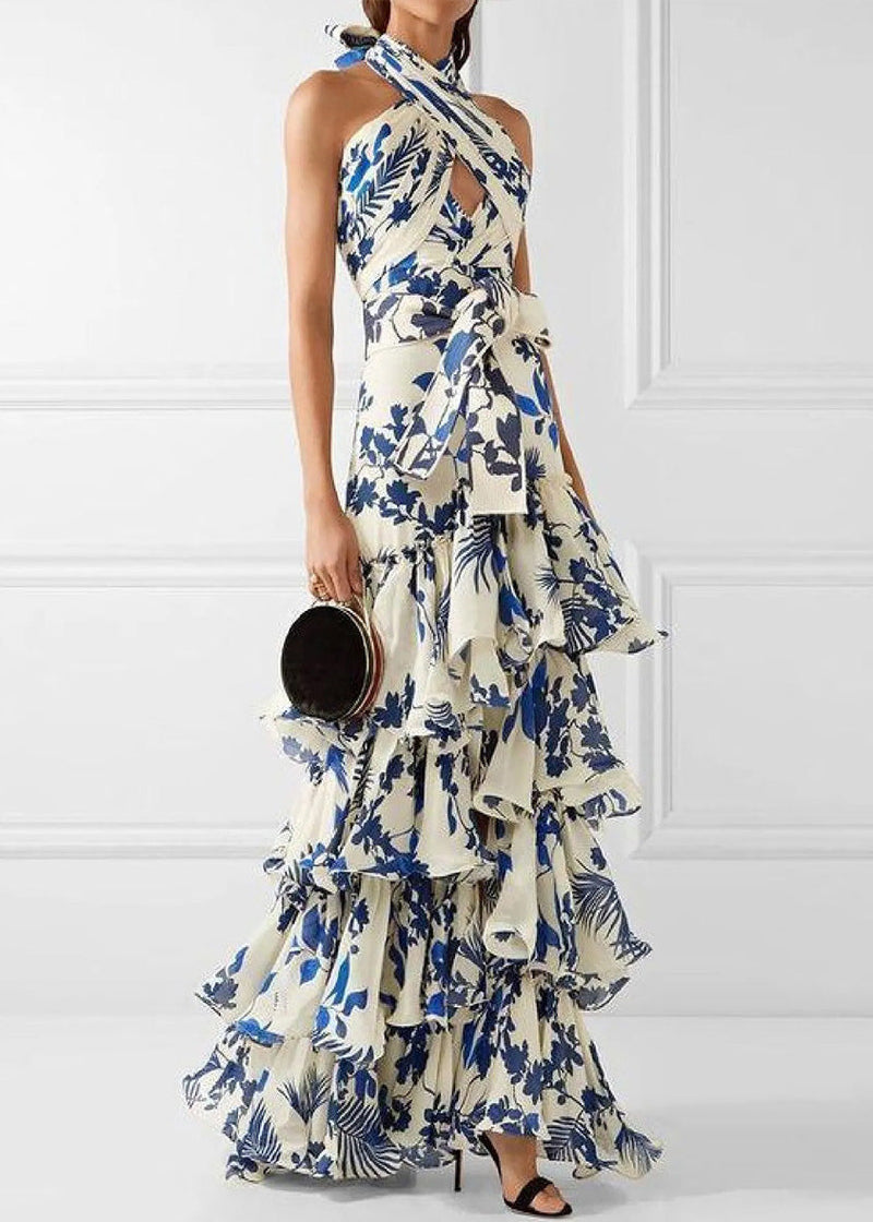 Formal Vacation Wedding Style Ruffled Print Dress Sleeveless