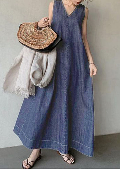 Navy V Neck Cold Shoulder Cotton Denim Dress Sleeveless