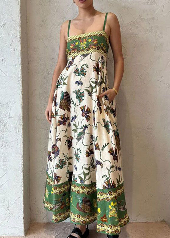 Green Print Pockets Patchwork Cotton Spaghetti Strap Dress Sleeveless