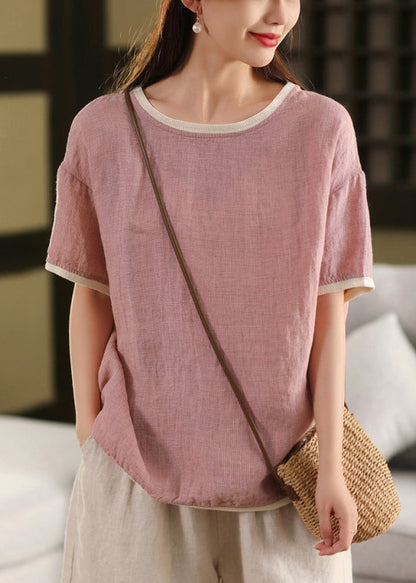 Pink O Neck Patchwork Linen T Shirts Summer