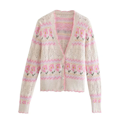 New Sweet Hollow Flower Jacquard V-neck Knitted Coat Sweater 7373