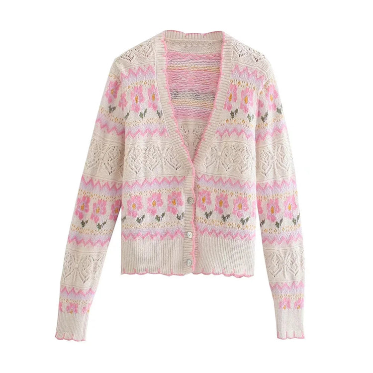 New Sweet Hollow Flower Jacquard V-neck Knitted Coat Sweater 7373