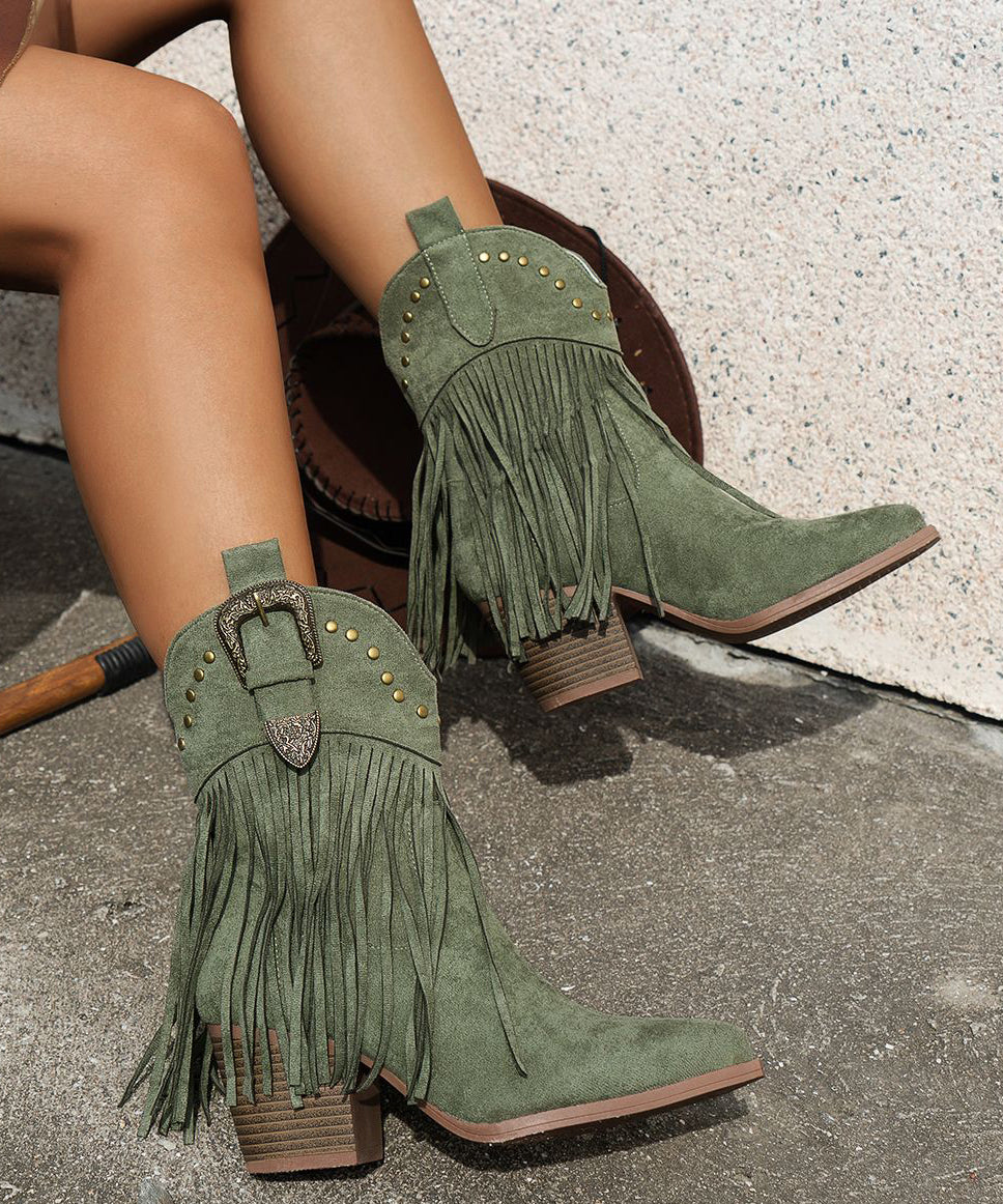 Brown Tasseled Nail Bead Suede Splicing Ankle Boots