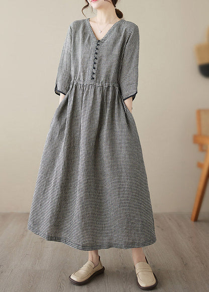 V Neck Plaid Patchwork Button Linen Maxi Dresses Summer
