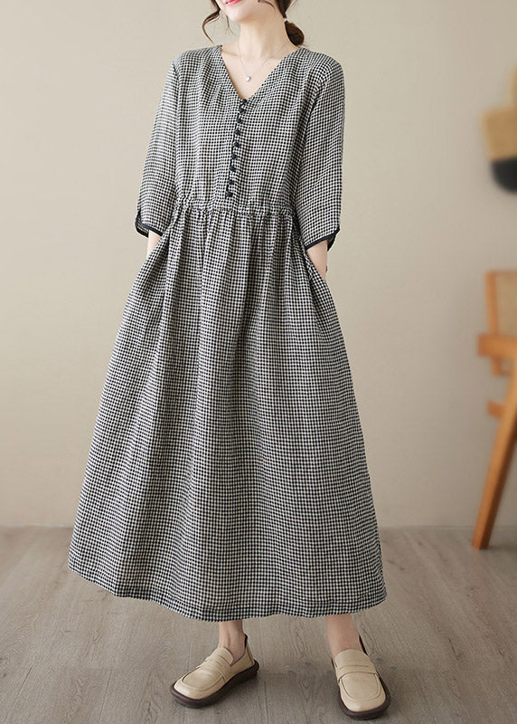 V Neck Plaid Patchwork Button Linen Maxi Dresses Summer
