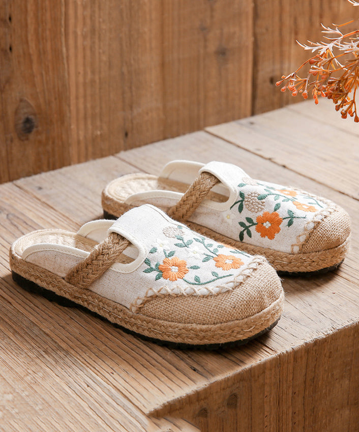 Retro Black Linen Fabric Embroidery Slide Sandals