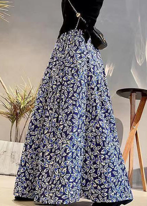 Navy Print Elastic Waist Patchwork Cotton Maxi Skirts Fall