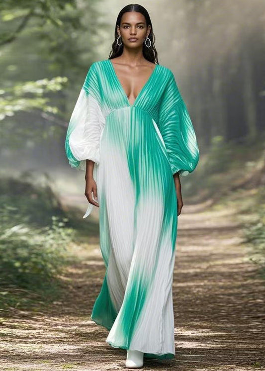 Gradient Color V Neck Wrinkled Chiffon Long Dress Spring