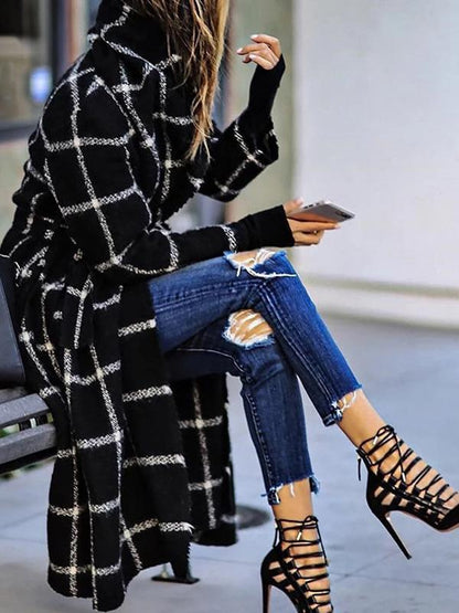 Coats Lapel Pocket Belted Plaid Woolen Coat
