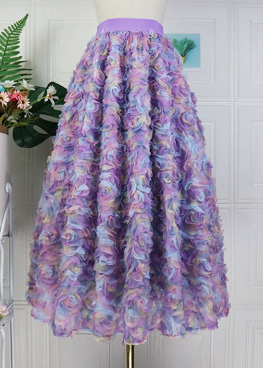 Gradient Color Purple Embroideried Elastic Waist Tulle Maxi Skirt Long Sleeve
