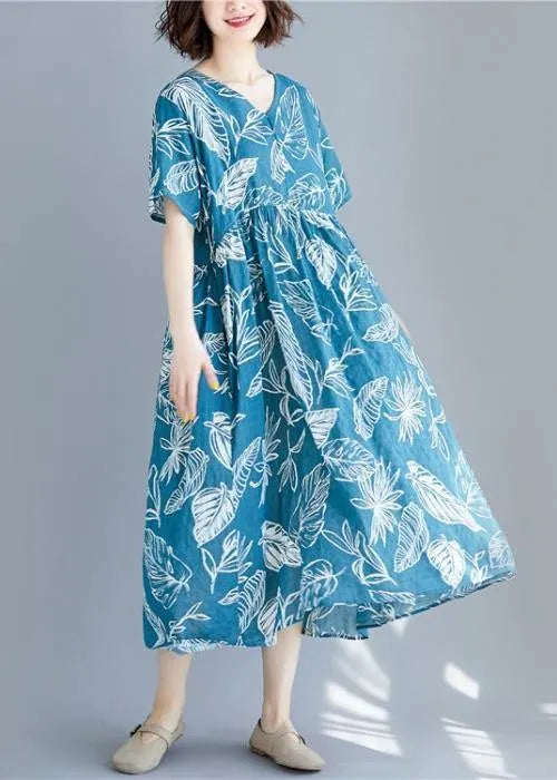 Blue Print Linen Clothes for V Neck Cinched Cotton Summer Dresses