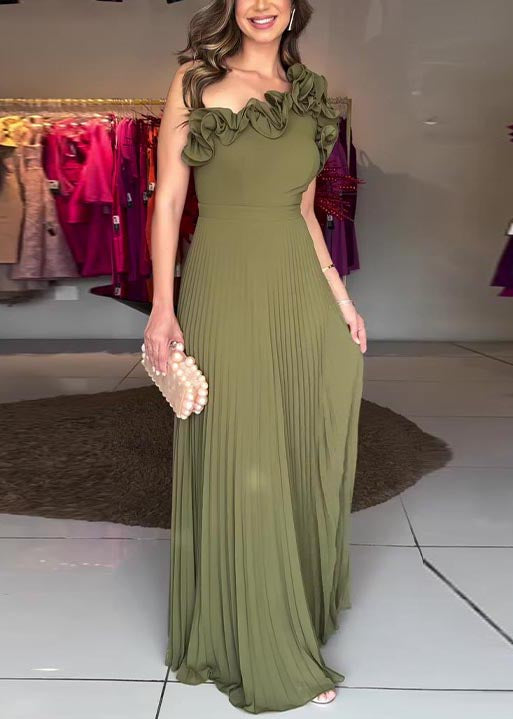 Army Green One Shoulder Pleated Dress Summer