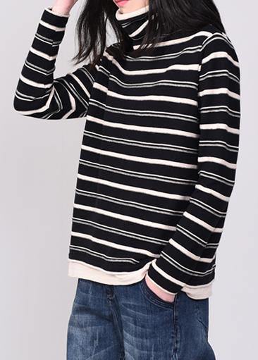 Comfy Striped Knitted Tops Oversize High Neck Sweater Black Autumn
