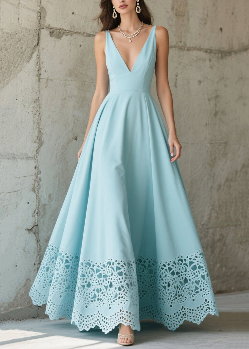 Sky Blue Exra Large Hem Hollow Out Chiffon Party Dress Summer