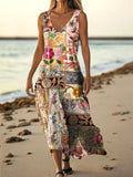 Women's Vintage Ethnic Floral Art Print Pocket Cotton Dress